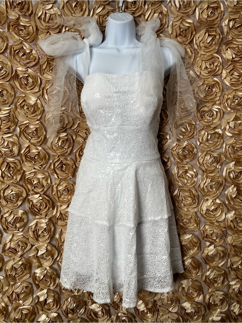 White sequin Mini Dress with Sheer Tie Shoulder Straps. Runs small